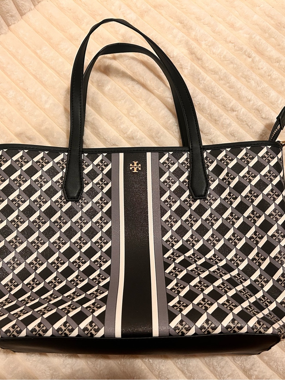 Tory Burch Black and White Geometric Logo Stripe Tote